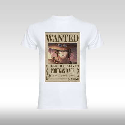 Tricou alb personalizat bumbac Fata anime "WANTED : Portgas D Ace" streetwear
