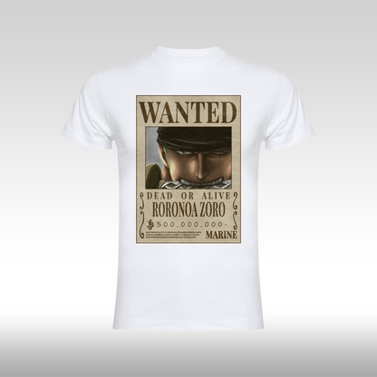 Tricou alb personalizat bumbac Fata anime "WANTED : Roronoa Zoro" streetwear
