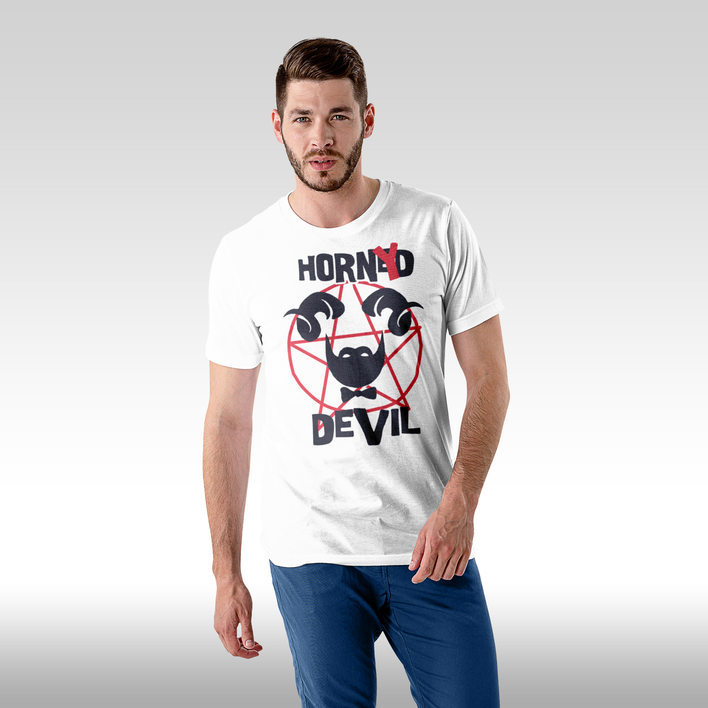 Tricou alb personalizat bumbac Fata barbat amuzant "Horny Devil" streetwear
