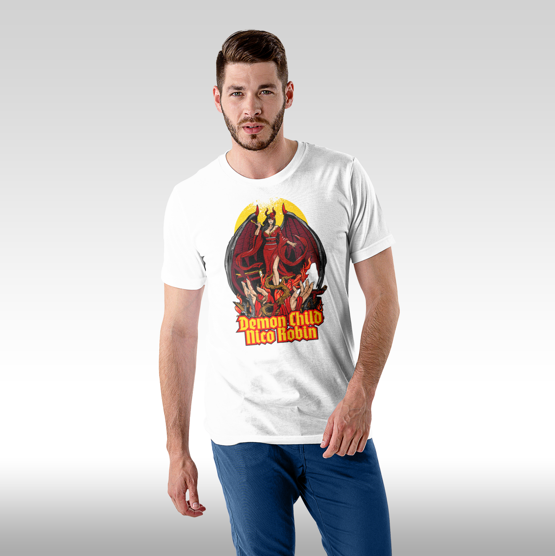 Tricou alb personalizat bumbac Fata barbat anime "Demon Child Nico Robin" streetwear

