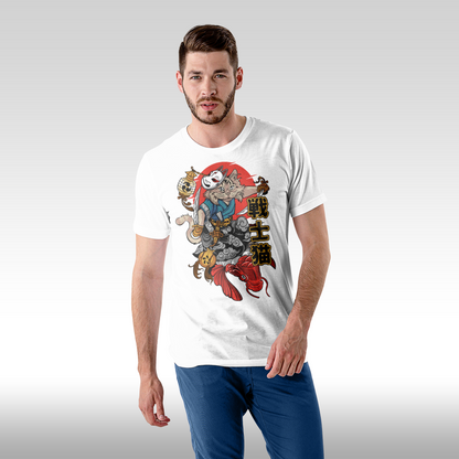 Tricou alb personalizat bumbac Fata barbat anime "Ninja Cat" streetwear
