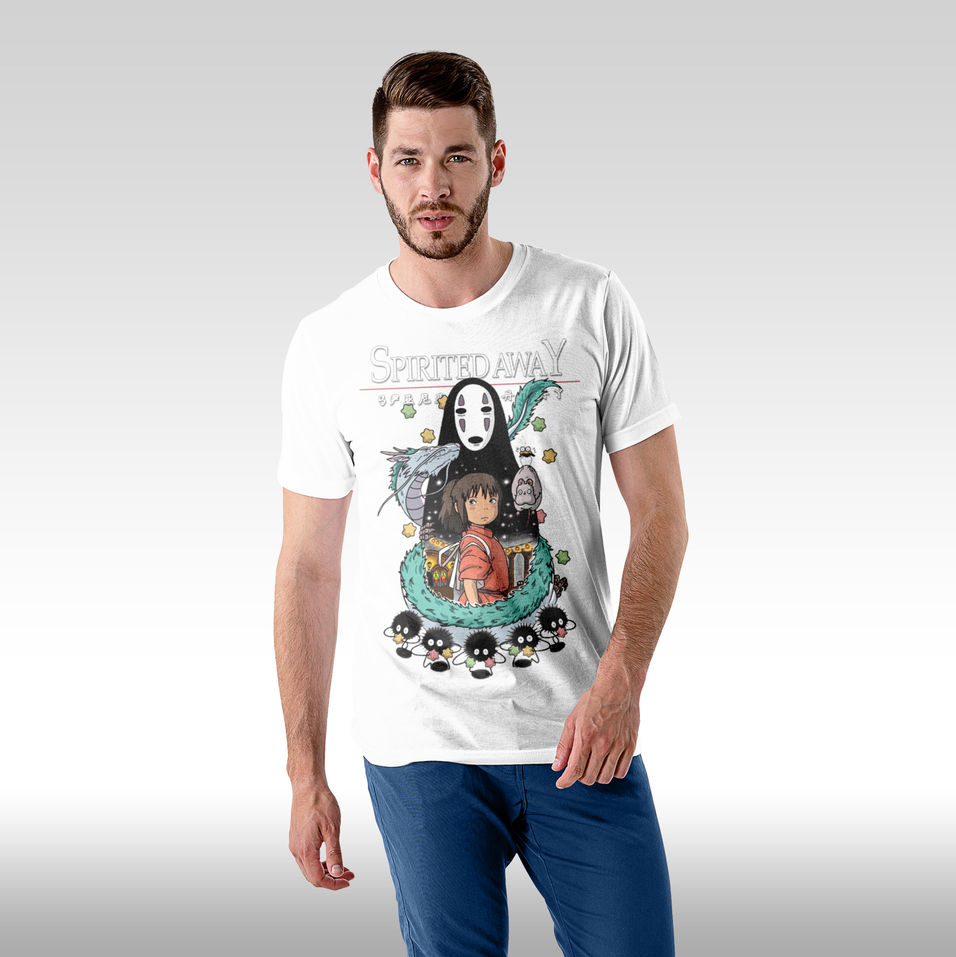 Tricou alb personalizat bumbac Fata barbat anime "Spirited Away" streetwear
