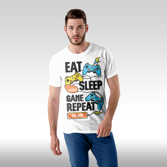 Tricou alb personalizat bumbac Fata barbat gaming "Eat, Sleep, Game, Repeat" streetwear
