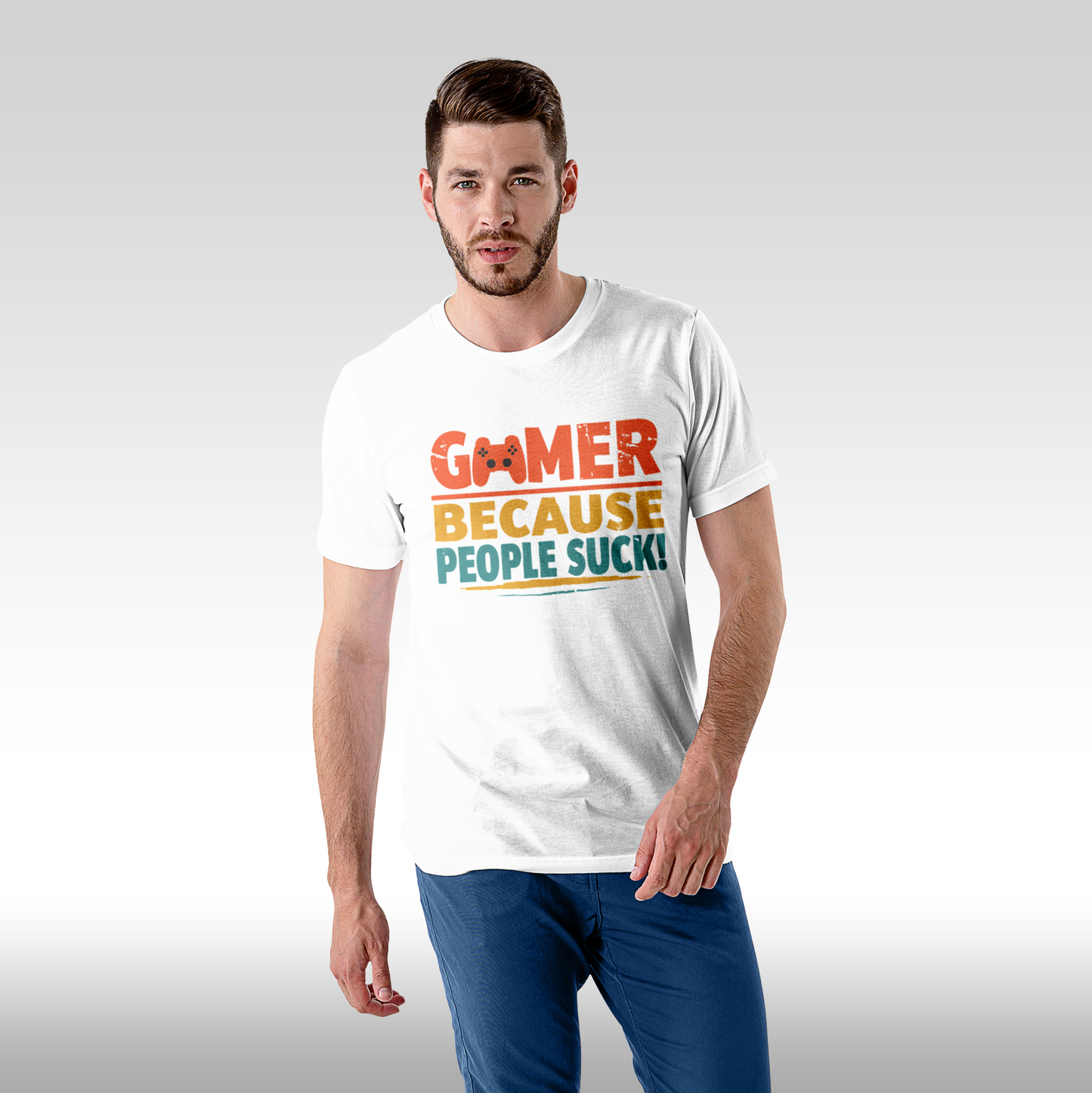 Tricou alb personalizat bumbac Fata barbat gaming "Gamer Because People Suck" streetwear
