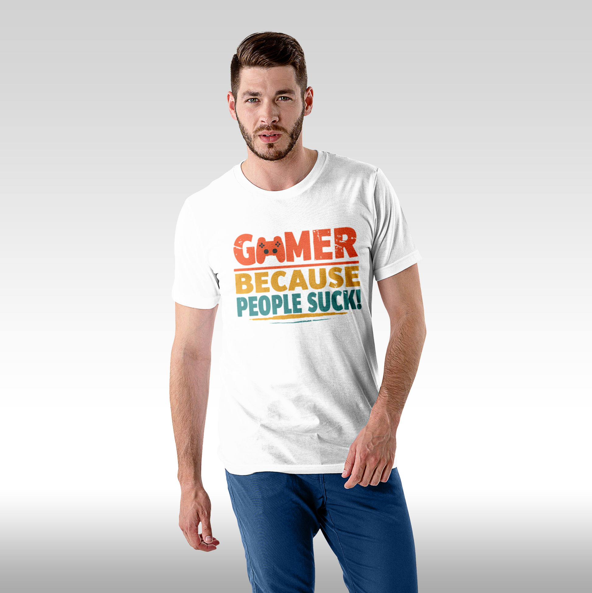 Tricou alb personalizat bumbac Fata barbat gaming "Gamer Because People Suck" streetwear
