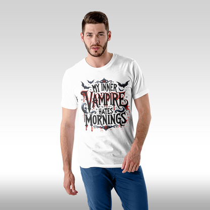 Tricou alb personalizat bumbac Fata barbat halloween "My Inner Vampire Hates Mornings" streetwear
