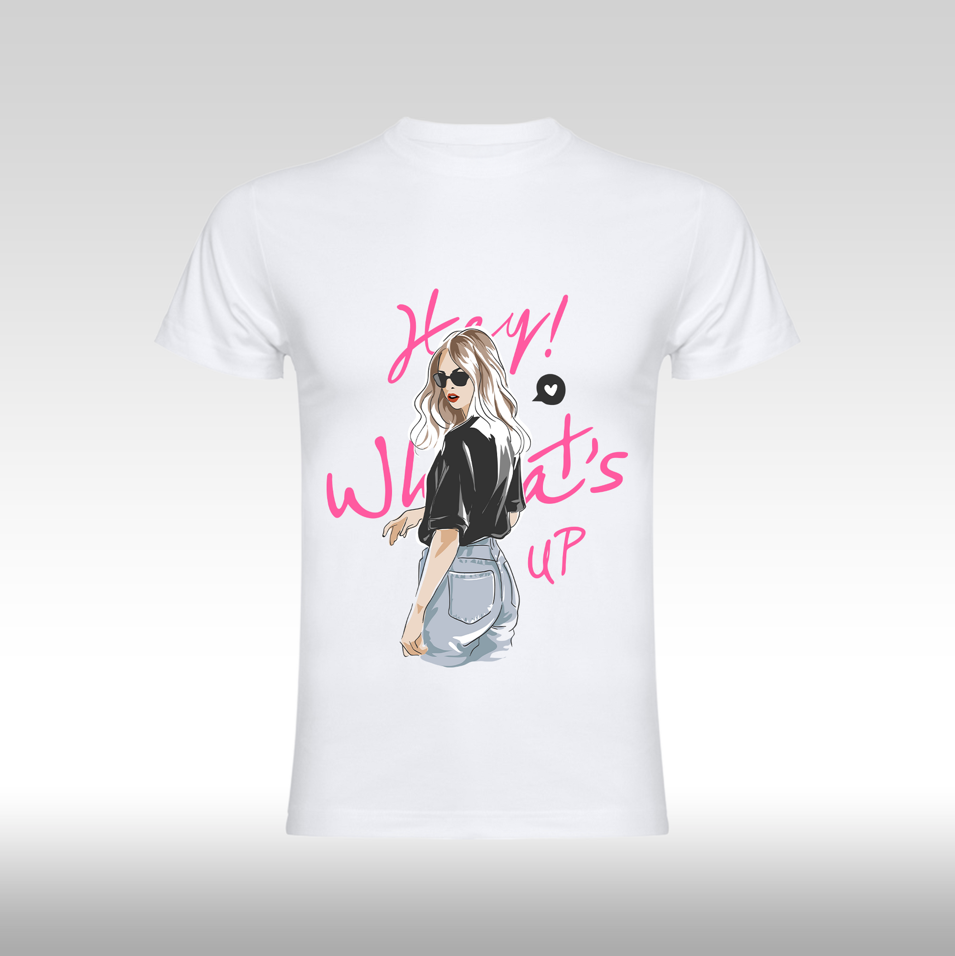 Tricou alb personalizat bumbac Fata Dama blonda "Hey! What's Up" streetwear
