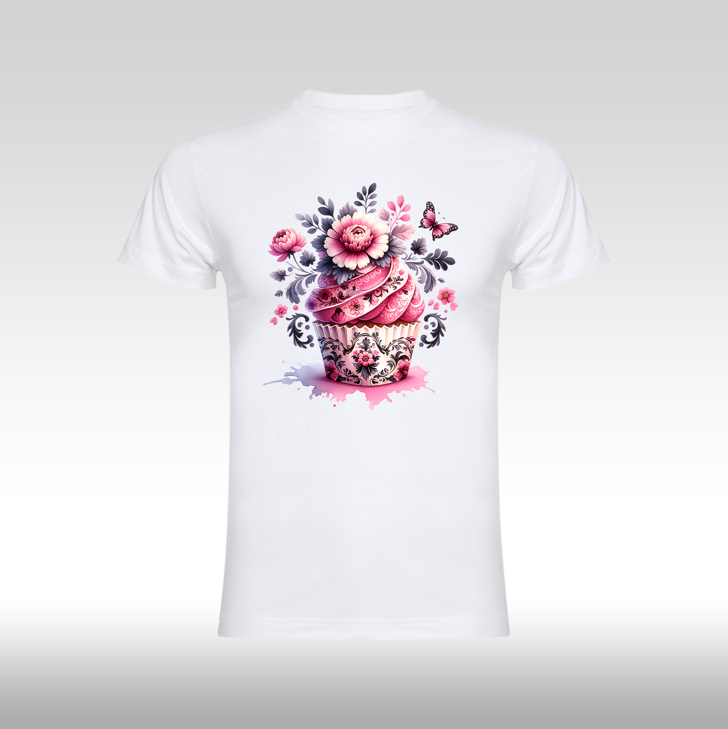 Tricou alb personalizat bumbac Fata Dama briosa "Floral Cupcake" streetwear
