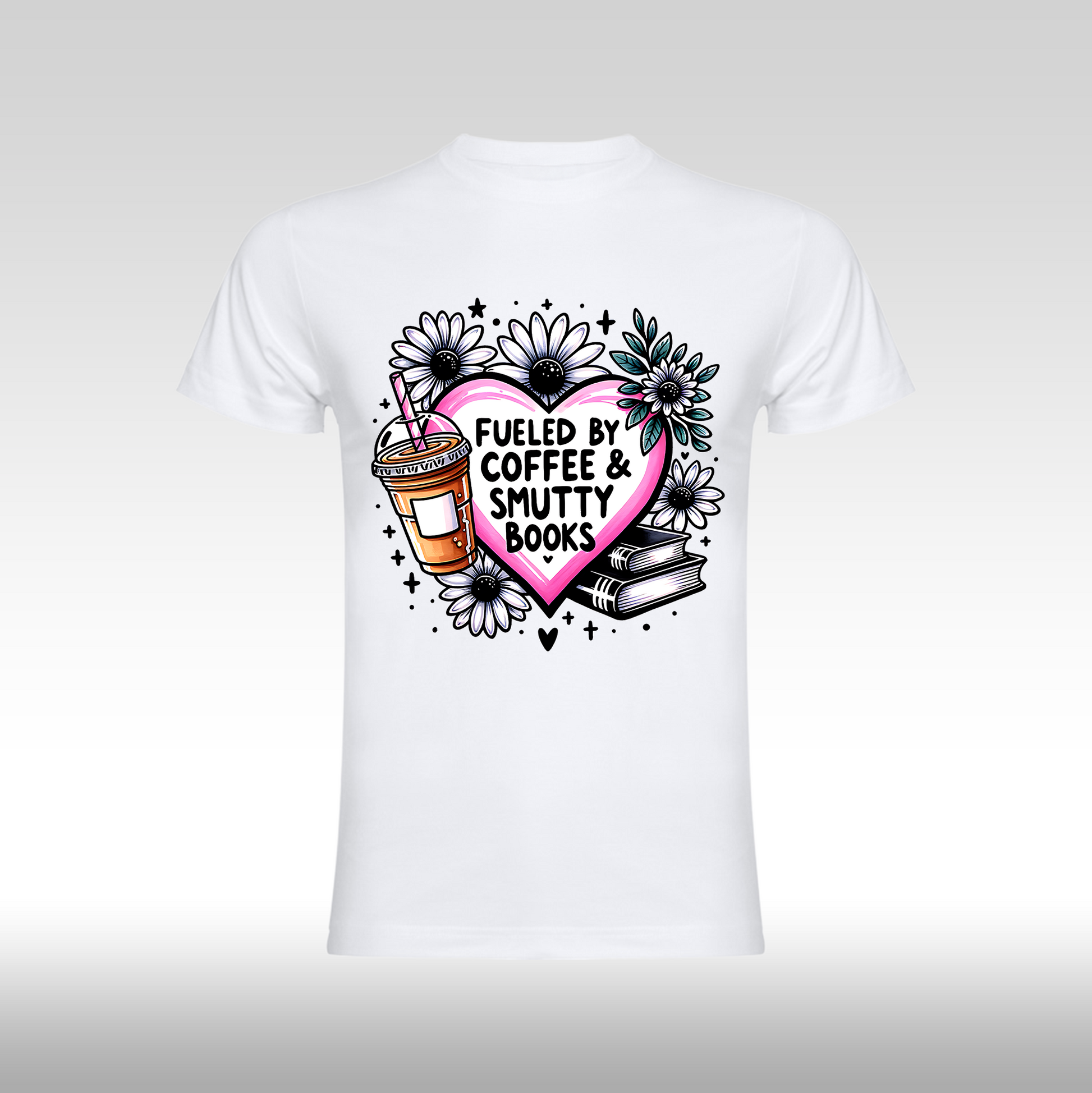 Tricou alb personalizat bumbac Fata Dama cafea "Fueled by Coffee & Smutty Books" streetwear
