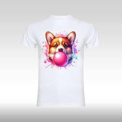 Tricou alb personalizat bumbac Fata Dama corgi catel "Bubble Gum Dog" streetwear
