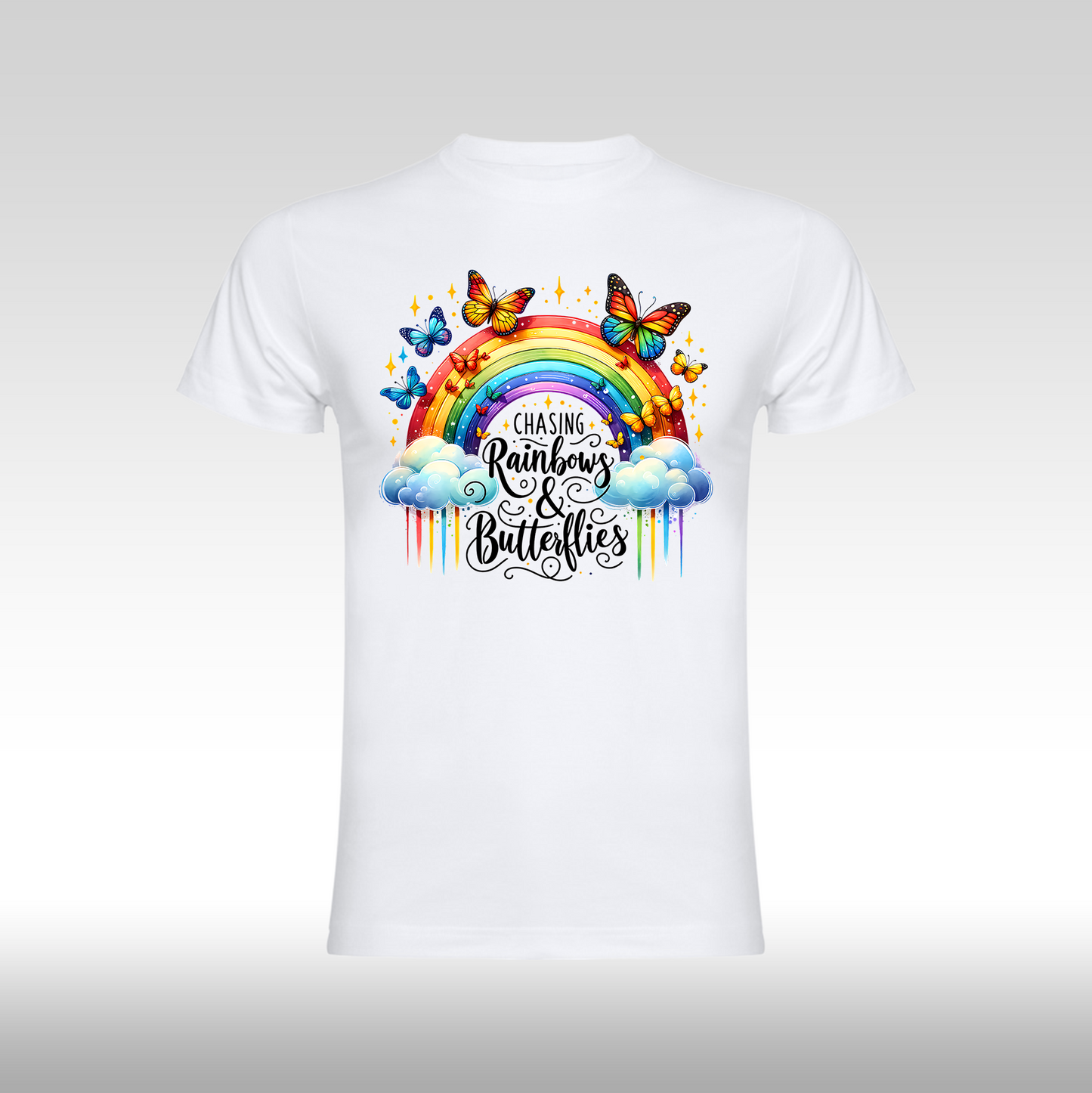 Tricou alb personalizat bumbac Fata Dama curcubeu "Chasing Rainbows & Butterflies" streetwear
