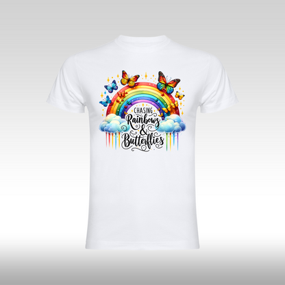 Tricou alb personalizat bumbac Fata Dama curcubeu "Chasing Rainbows & Butterflies" streetwear
