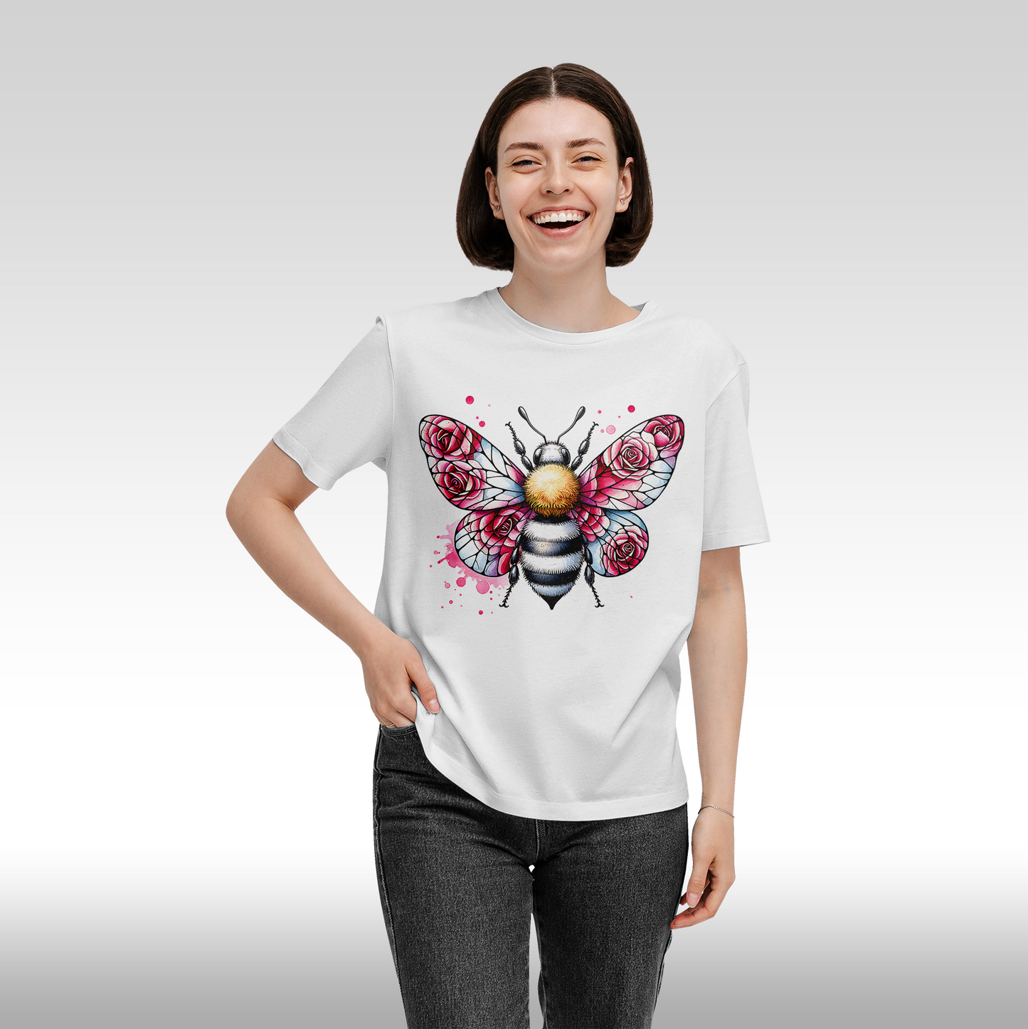 Tricou alb personalizat bumbac Fata Dama albina "Floral Buzz" streetwear
