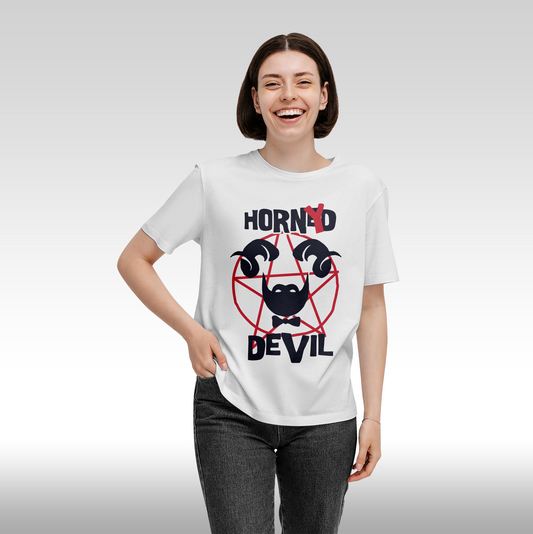 Tricou alb personalizat bumbac Fata Dama amuzant "Horny Devil" streetwear
