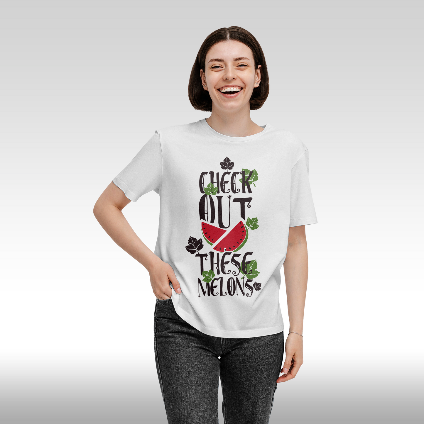 Tricou alb personalizat bumbac Fata Dama amuzant "Check out These Melons" streetwear
