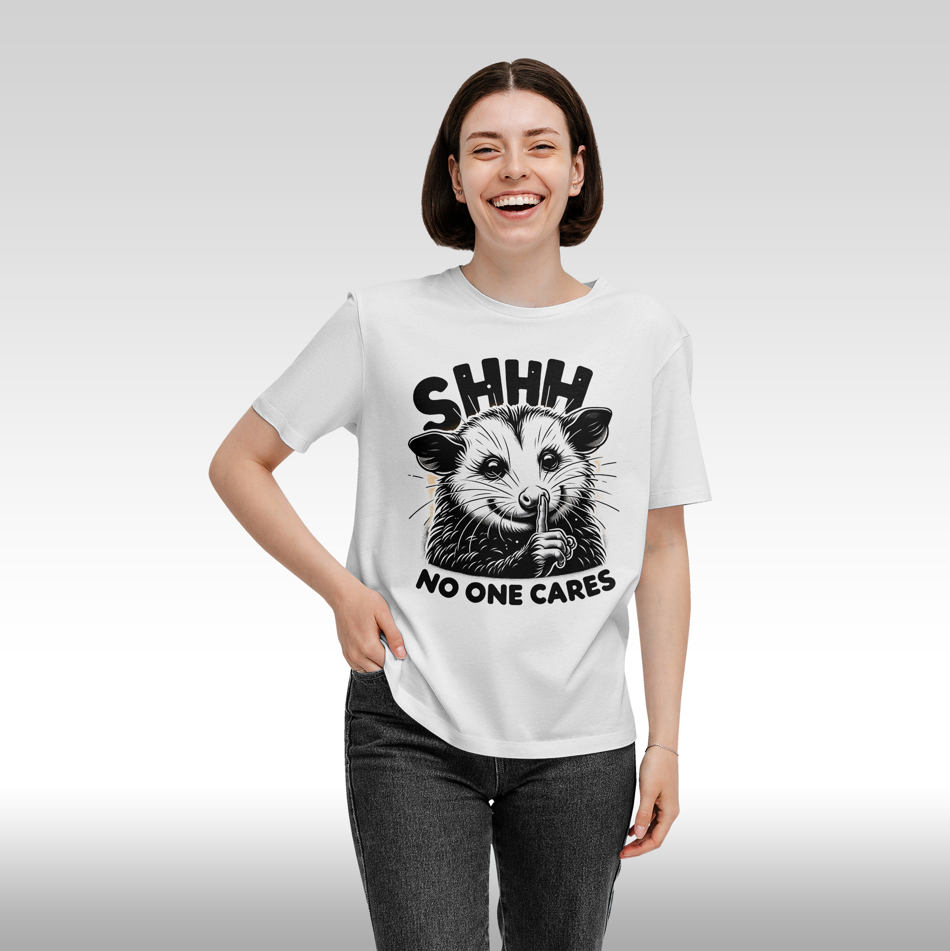 Tricou alb personalizat bumbac Fata Dama amuzant "Shhh no One Cares" streetwear
