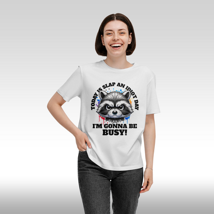 Tricou alb personalizat bumbac Fata Dama urban "Slap an Idiot" streetwear
