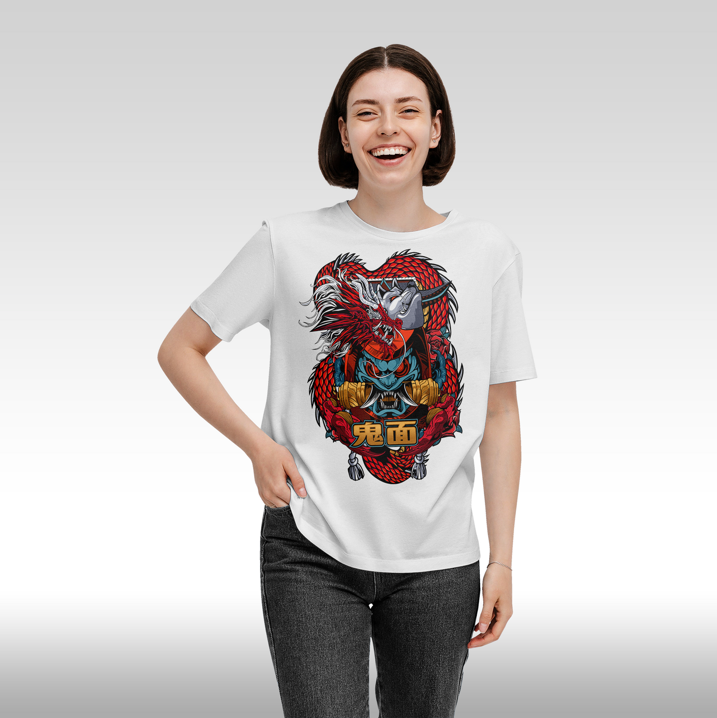 Tricou alb personalizat bumbac Fata Dama anime "Demon Mask" streetwear
