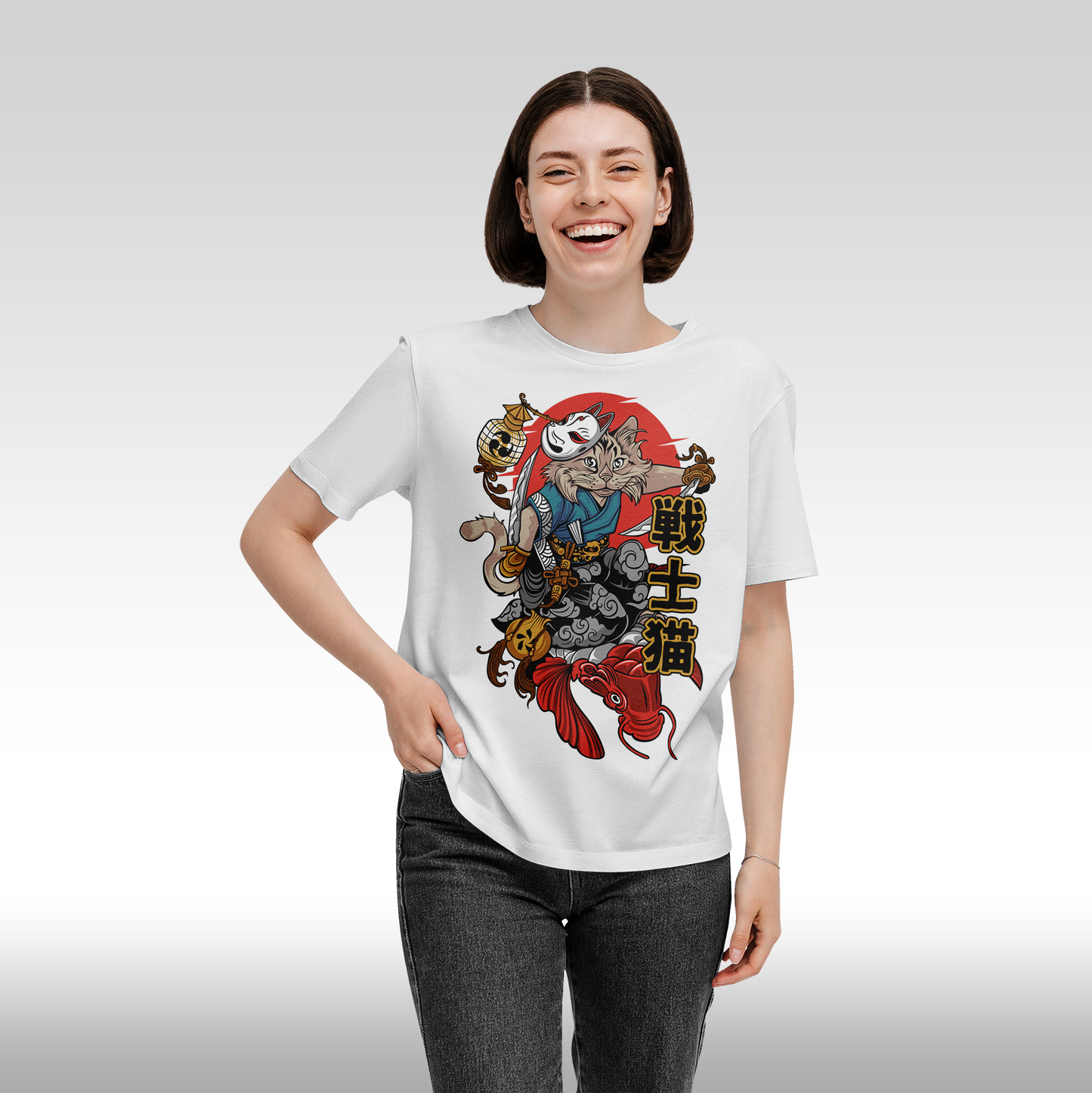 Tricou alb personalizat bumbac Fata Dama anime "Ninja Cat" streetwear
