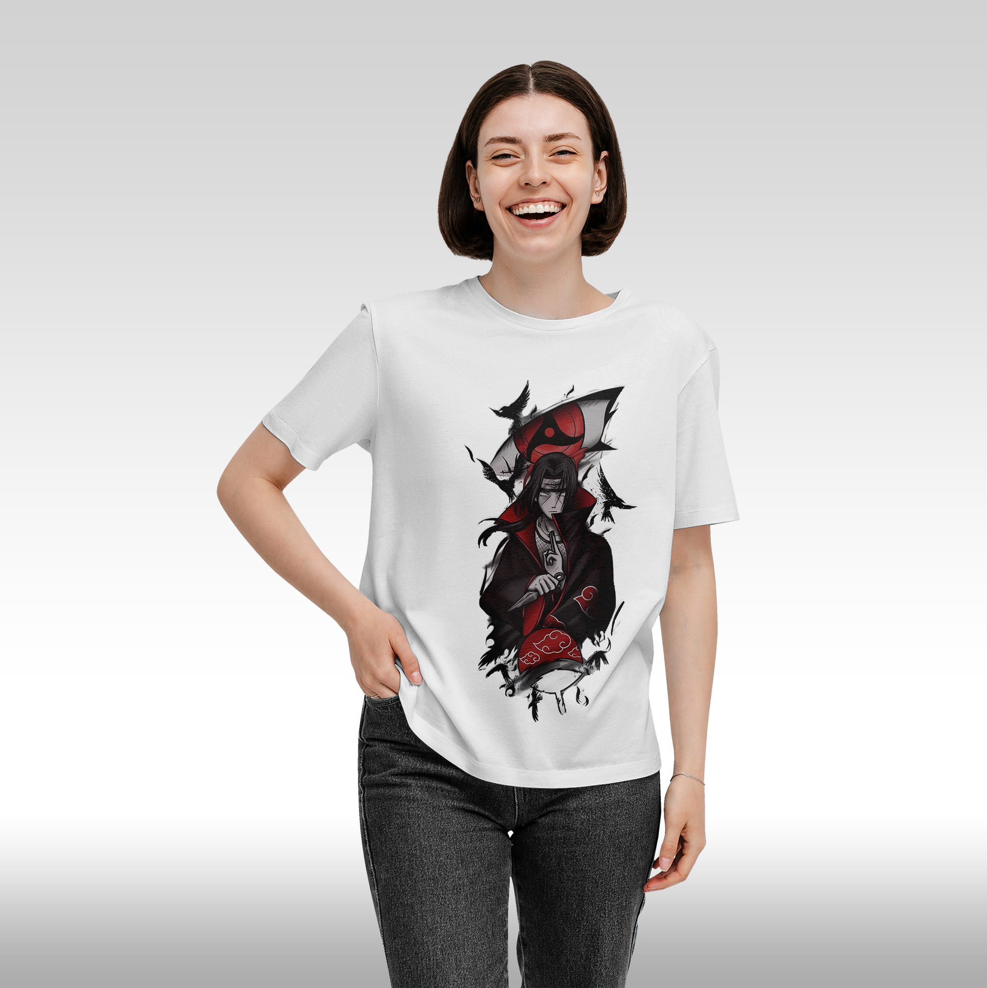 Tricou alb personalizat bumbac Fata Dama anime "Sasuke White" streetwear
