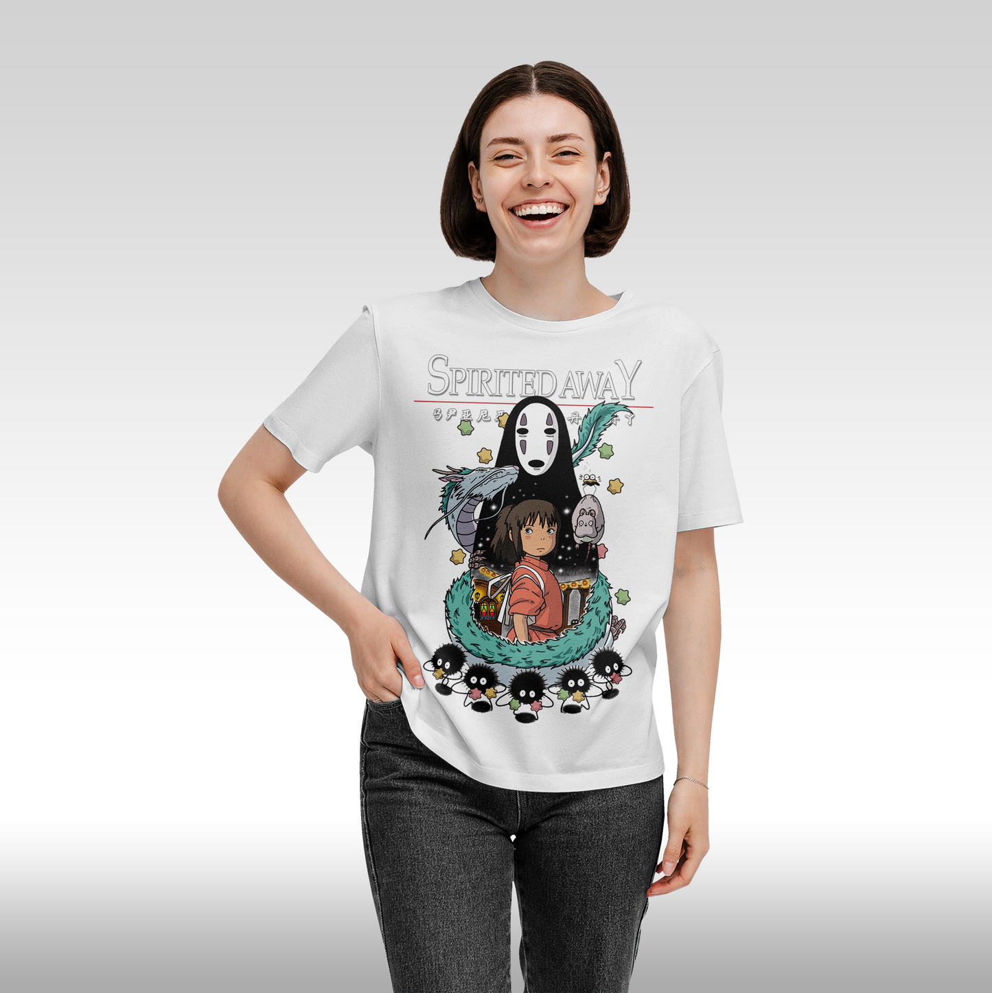 Tricou alb personalizat bumbac Fata Dama anime "Spirited Away" streetwear
