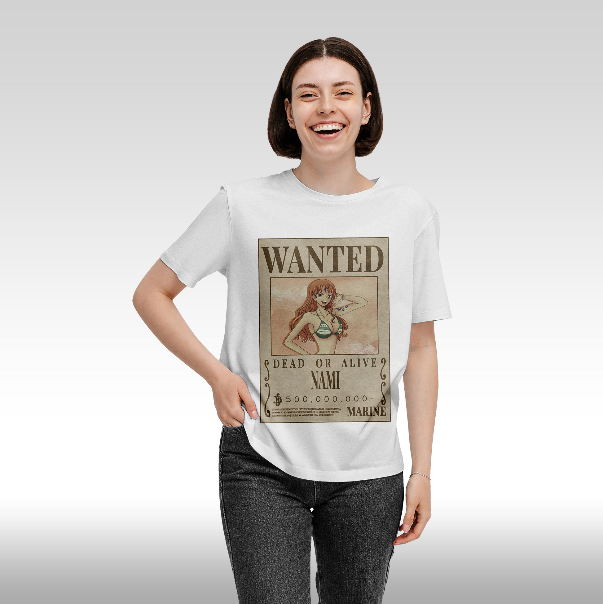 Tricou alb personalizat bumbac Fata Dama anime "WANTED : Nami" streetwear
