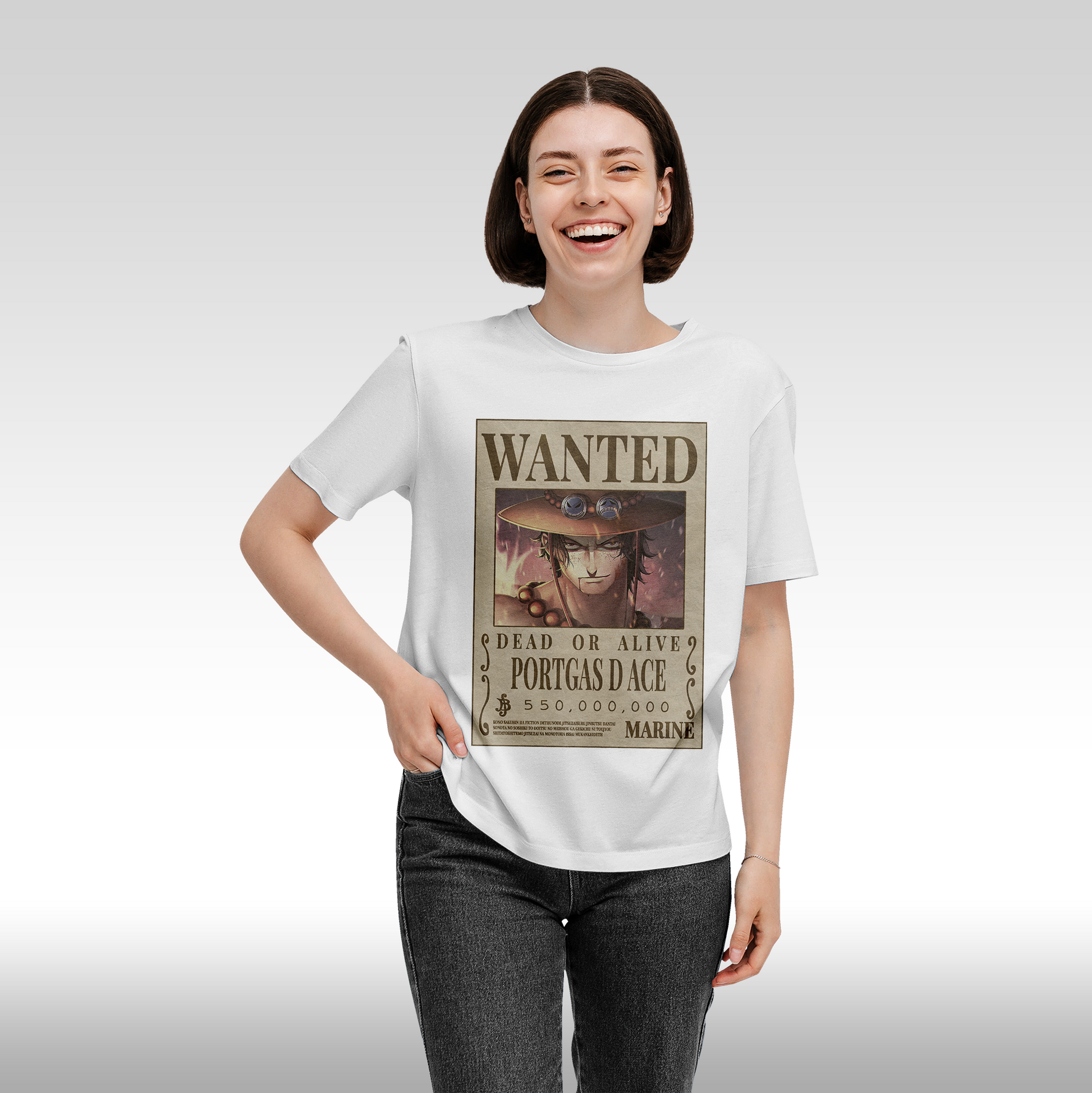 Tricou alb personalizat bumbac Fata Dama anime "WANTED : Portgas D Ace" streetwear

