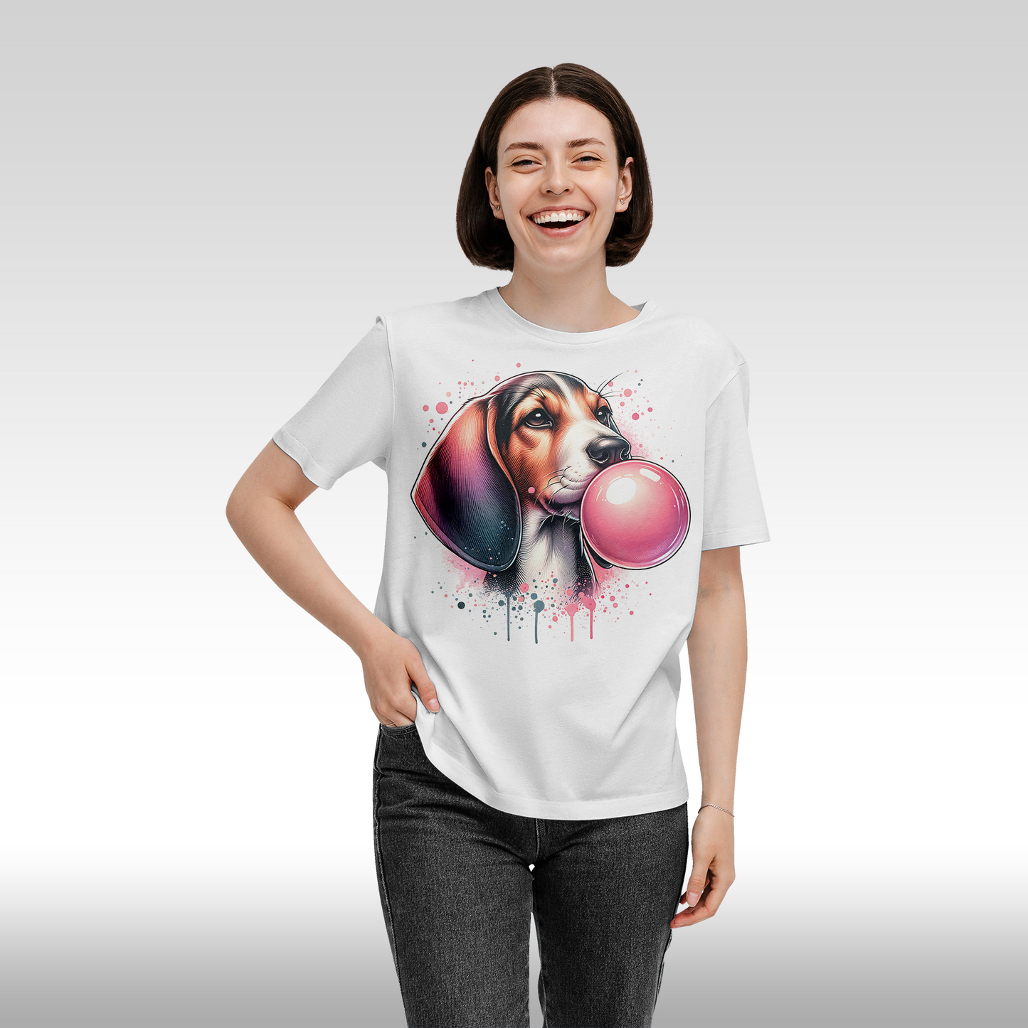 Tricou alb personalizat bumbac Fata Dama beagle "Puppy Pop" streetwear
