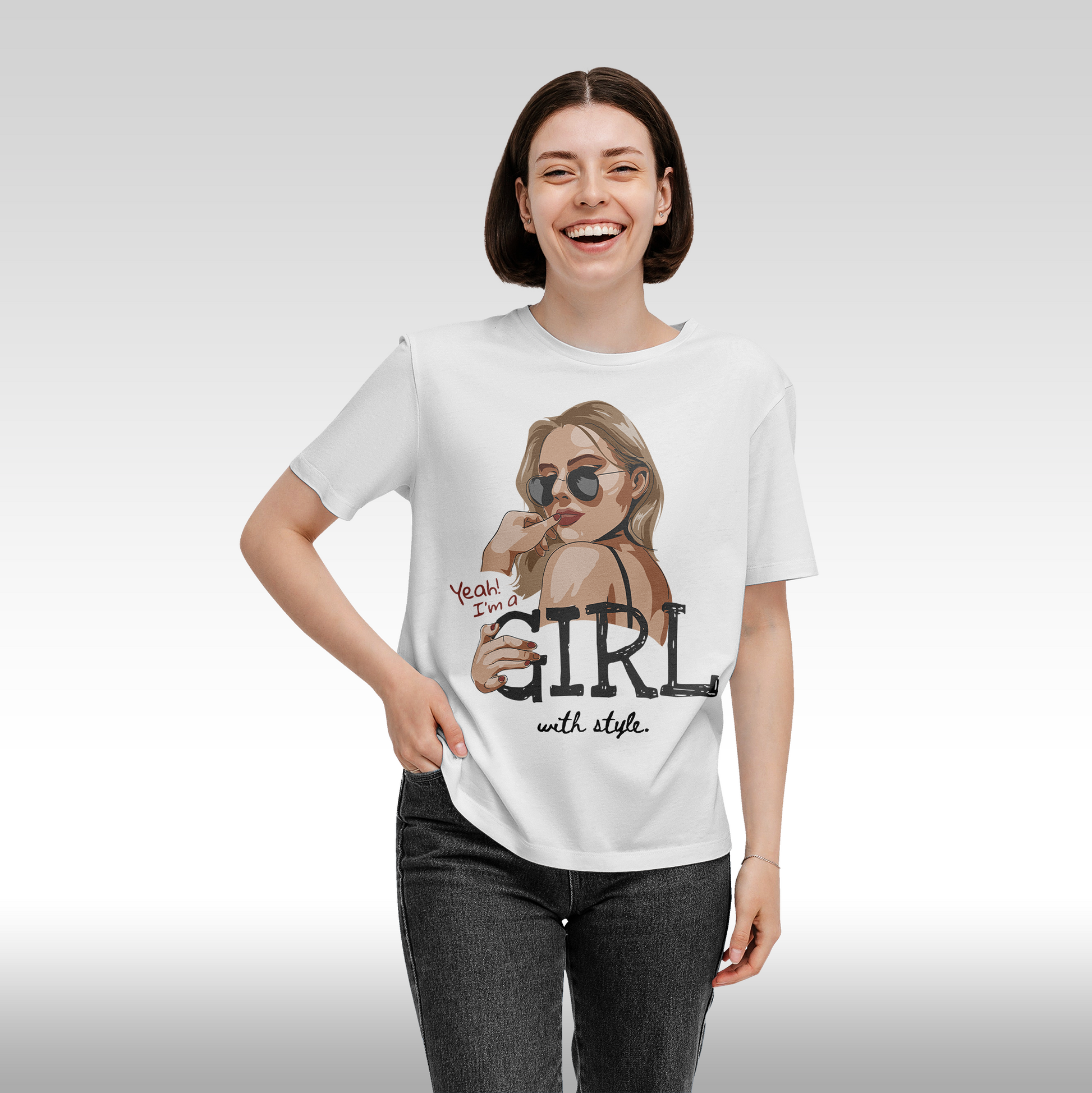 Tricou alb personalizat bumbac Fata Dama blonda "Girl With Style" streetwear
