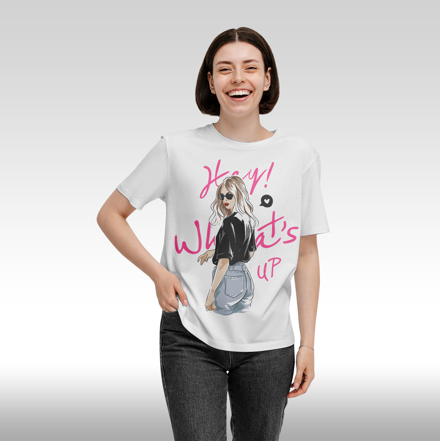 Tricou alb personalizat bumbac Fata Dama blonda "Hey! What's Up" streetwear
