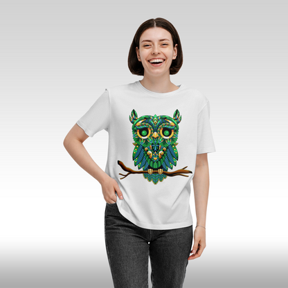 Tricou alb personalizat bumbac Fata Dama bufnita "Emerald Owl" streetwear
