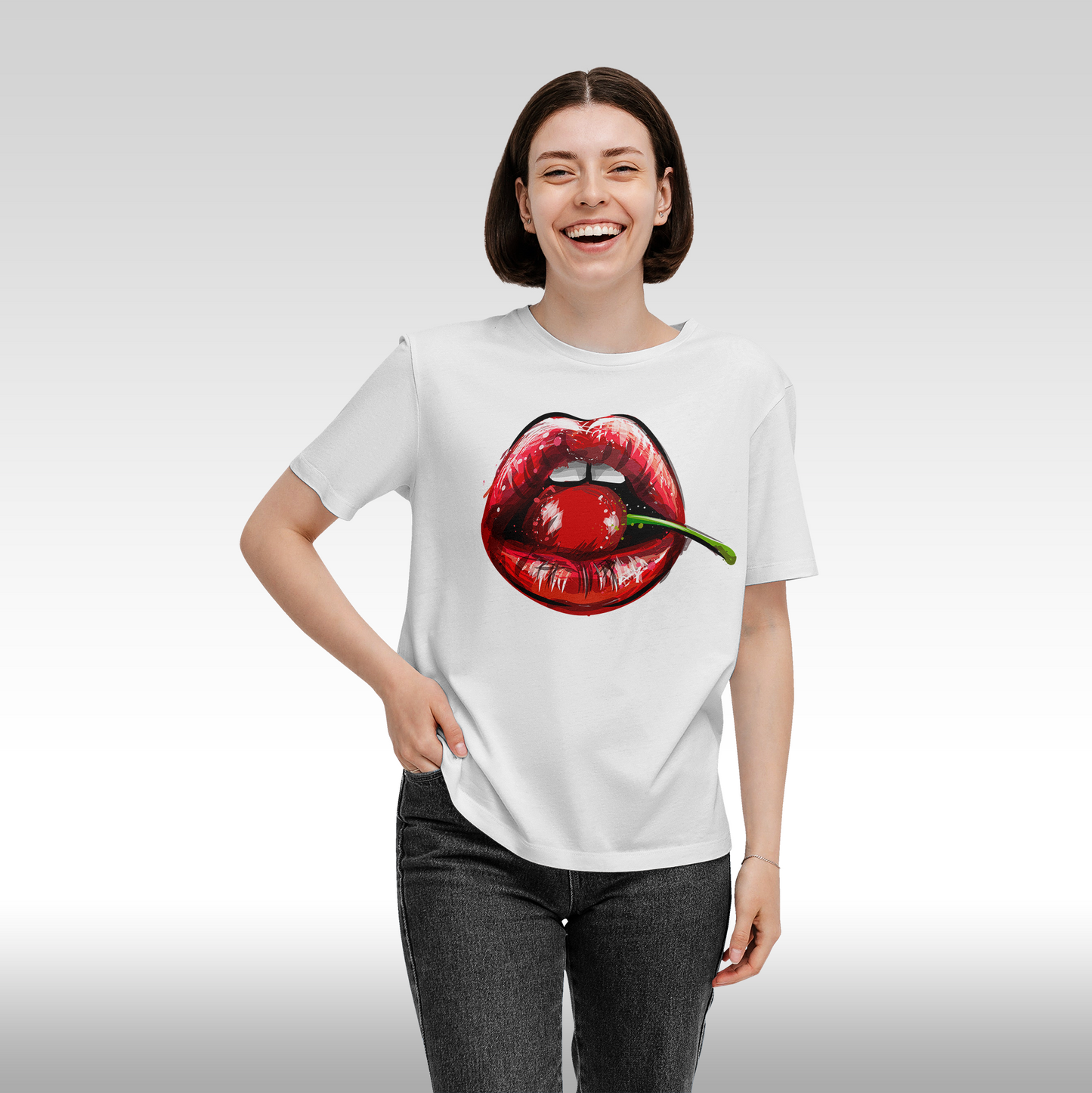 Tricou alb personalizat bumbac Fata Dama buze "Cherry Kiss" streetwear
