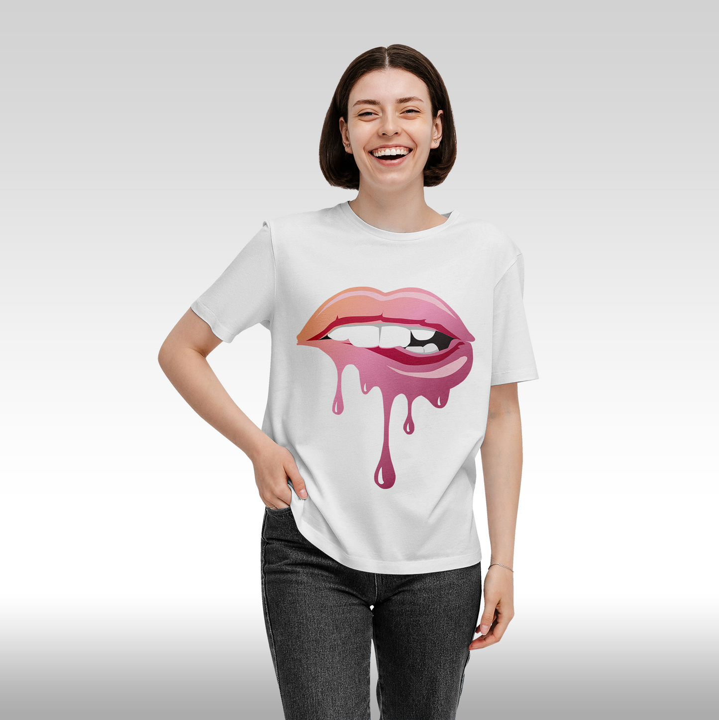 Tricou alb personalizat bumbac Fata Dama buze "Melting Lips" streetwear
