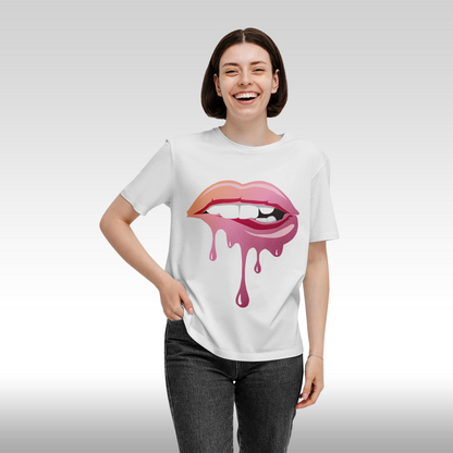 Tricou alb personalizat bumbac Fata Dama buze "Melting Lips" streetwear
