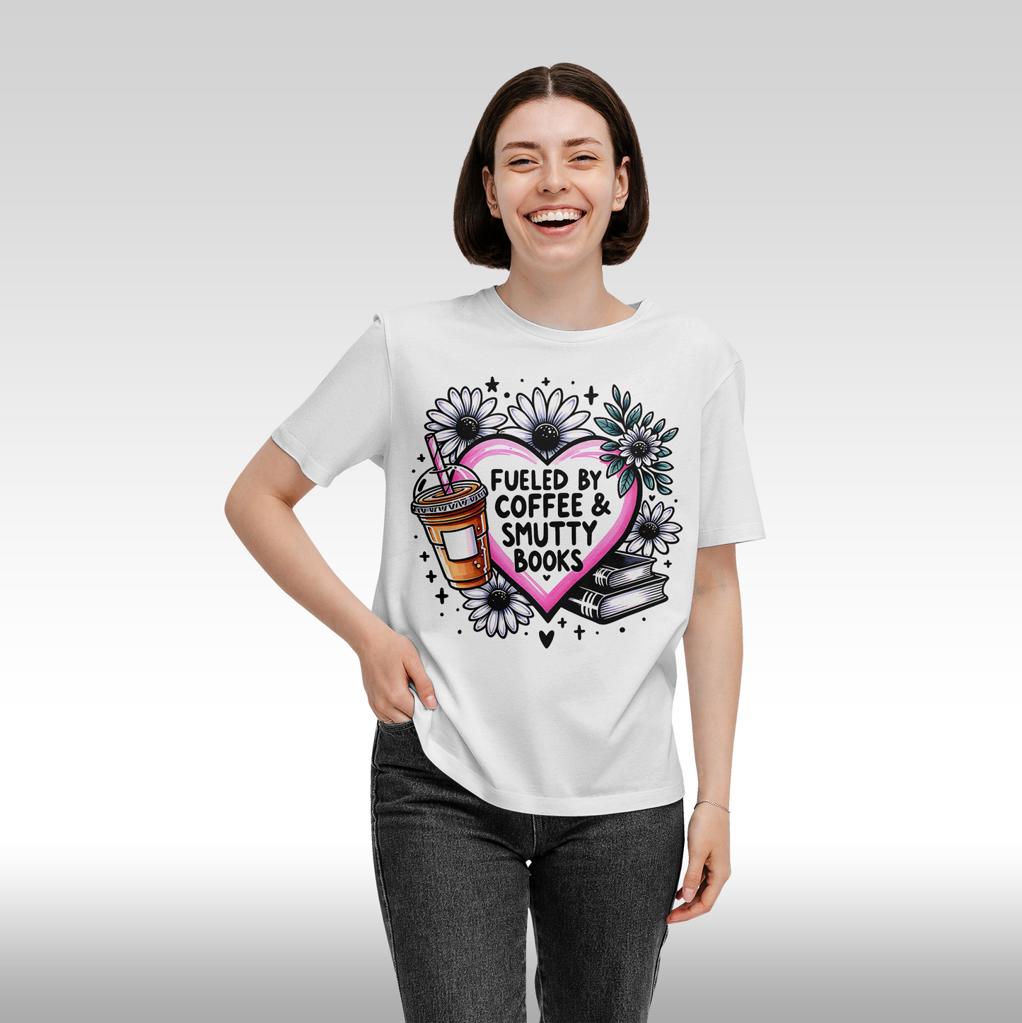 Tricou alb personalizat bumbac Fata Dama cafea "Fueled by Coffee & Smutty Books" streetwear
