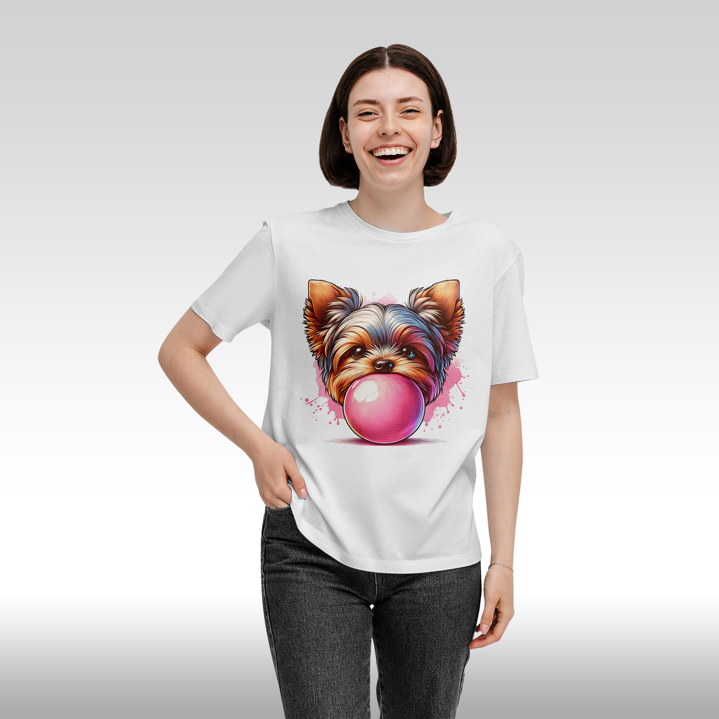 Tricou alb personalizat bumbac Fata Dama catel "Bubble Puppy" streetwear
