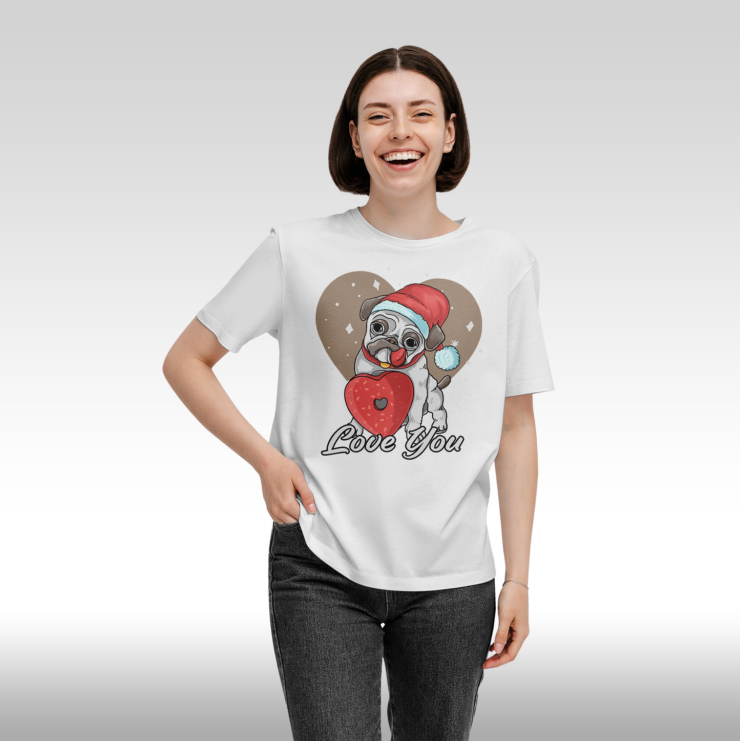 Tricou alb personalizat bumbac Fata Dama catel "Love You" streetwear
