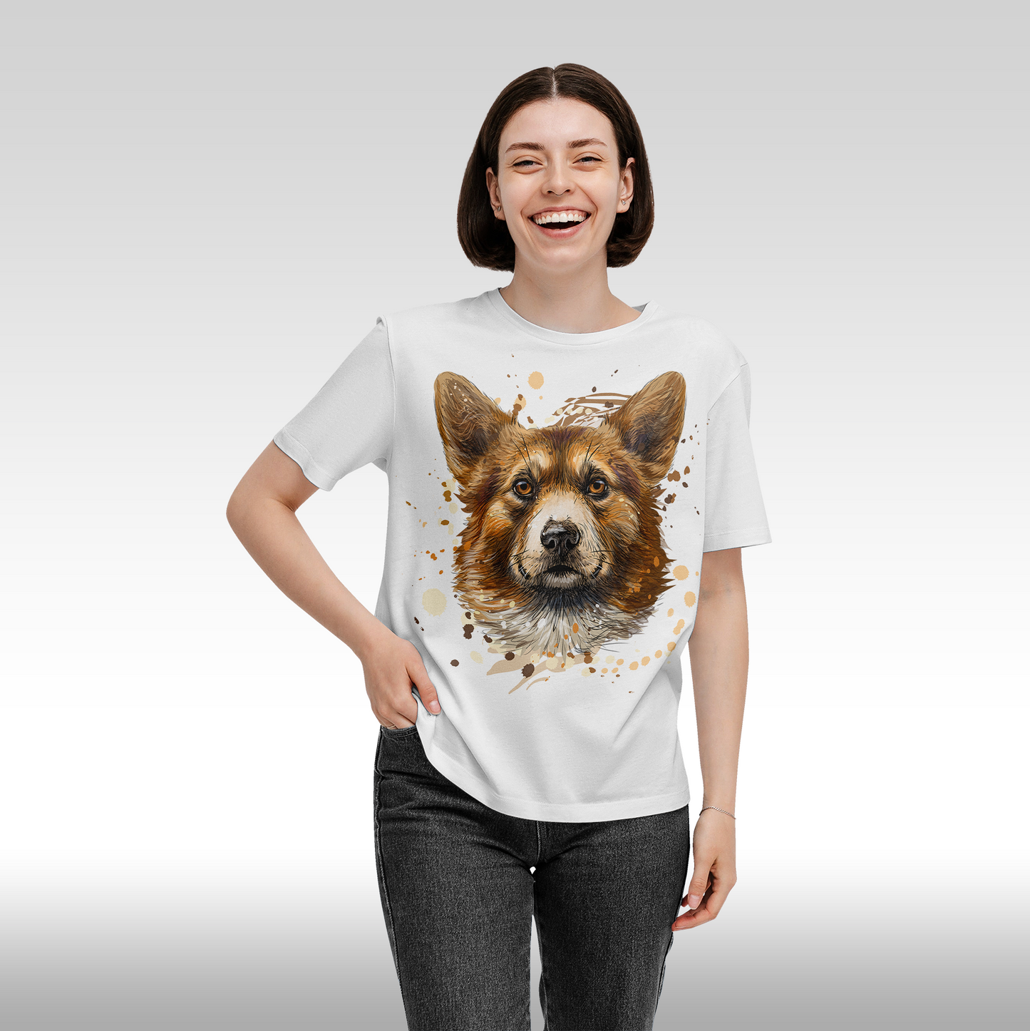 Tricou alb personalizat bumbac Fata Dama catel "Puppy Art" streetwear
