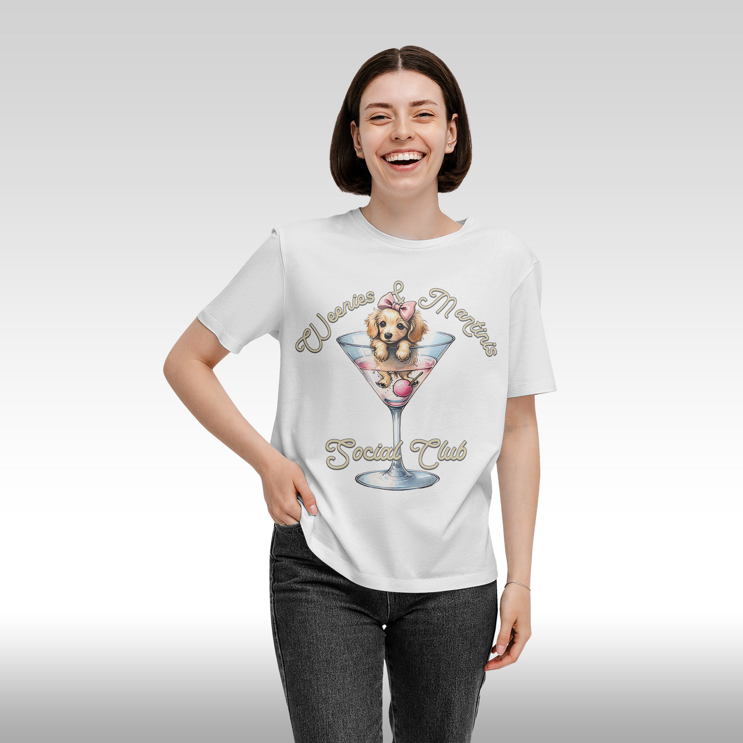 Tricou alb personalizat bumbac Fata Dama catel cocktail "Weenies & Martinis Social Club" streetwear
