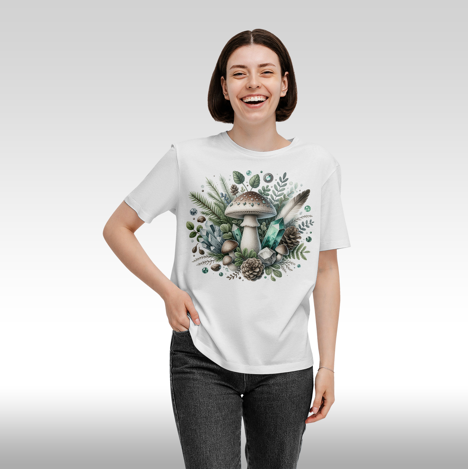 Tricou alb personalizat bumbac Fata Dama ciuperci "Brown Mushroom" streetwear
