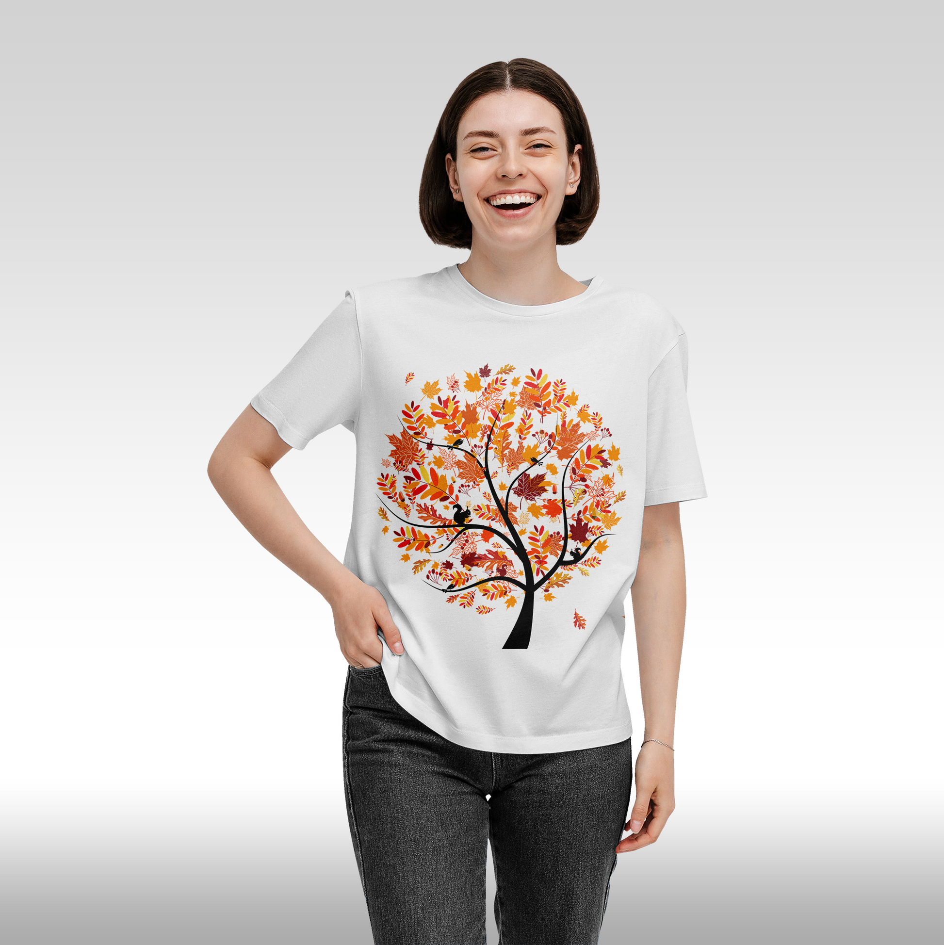 Tricou alb personalizat bumbac Fata Dama copac "Autumn Tree" streetwear
