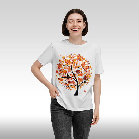 Tricou alb personalizat bumbac Fata Dama copac "Autumn Tree" streetwear
