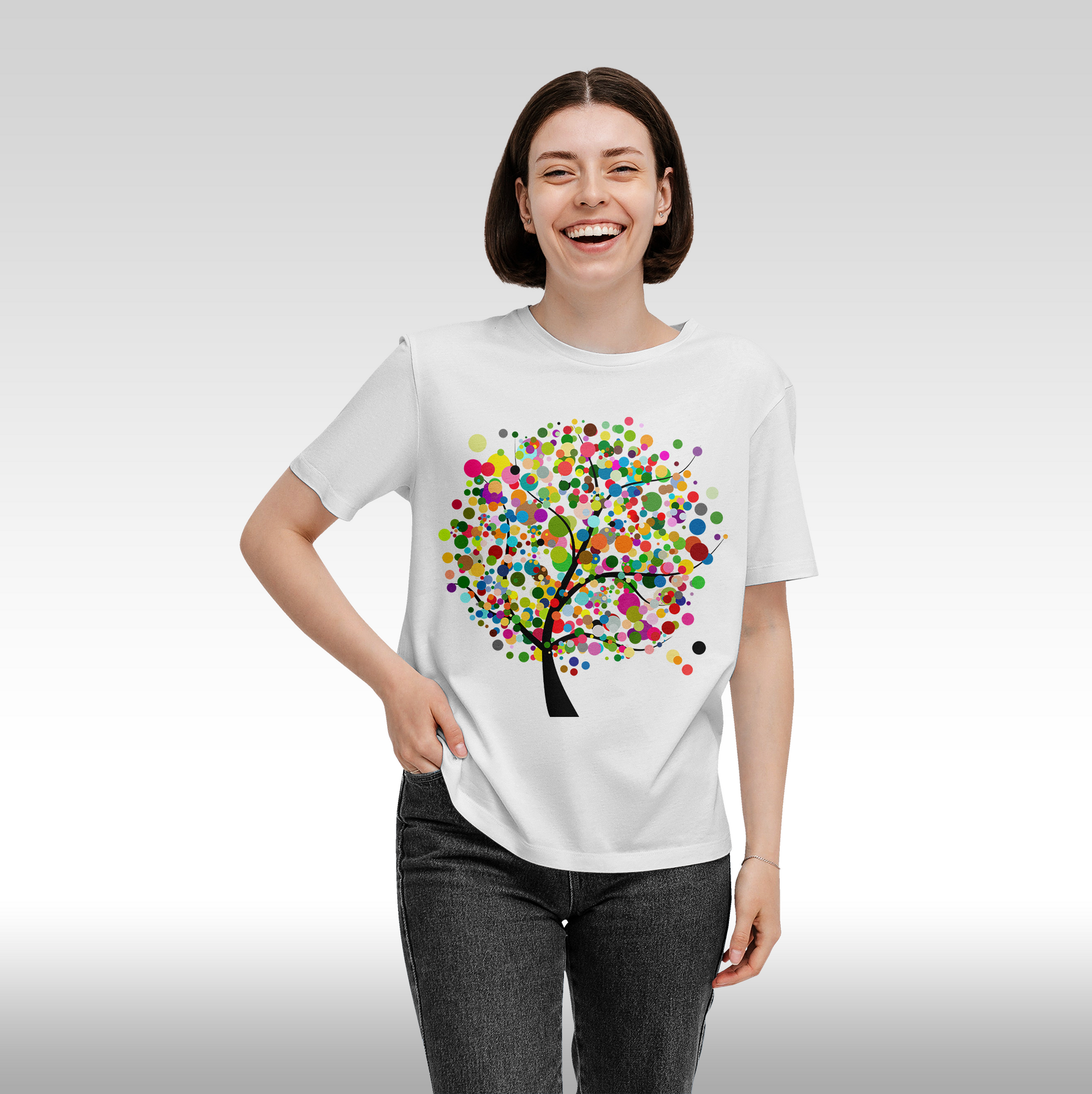 Tricou alb personalizat bumbac Fata Dama copac "Dot Tree" streetwear
