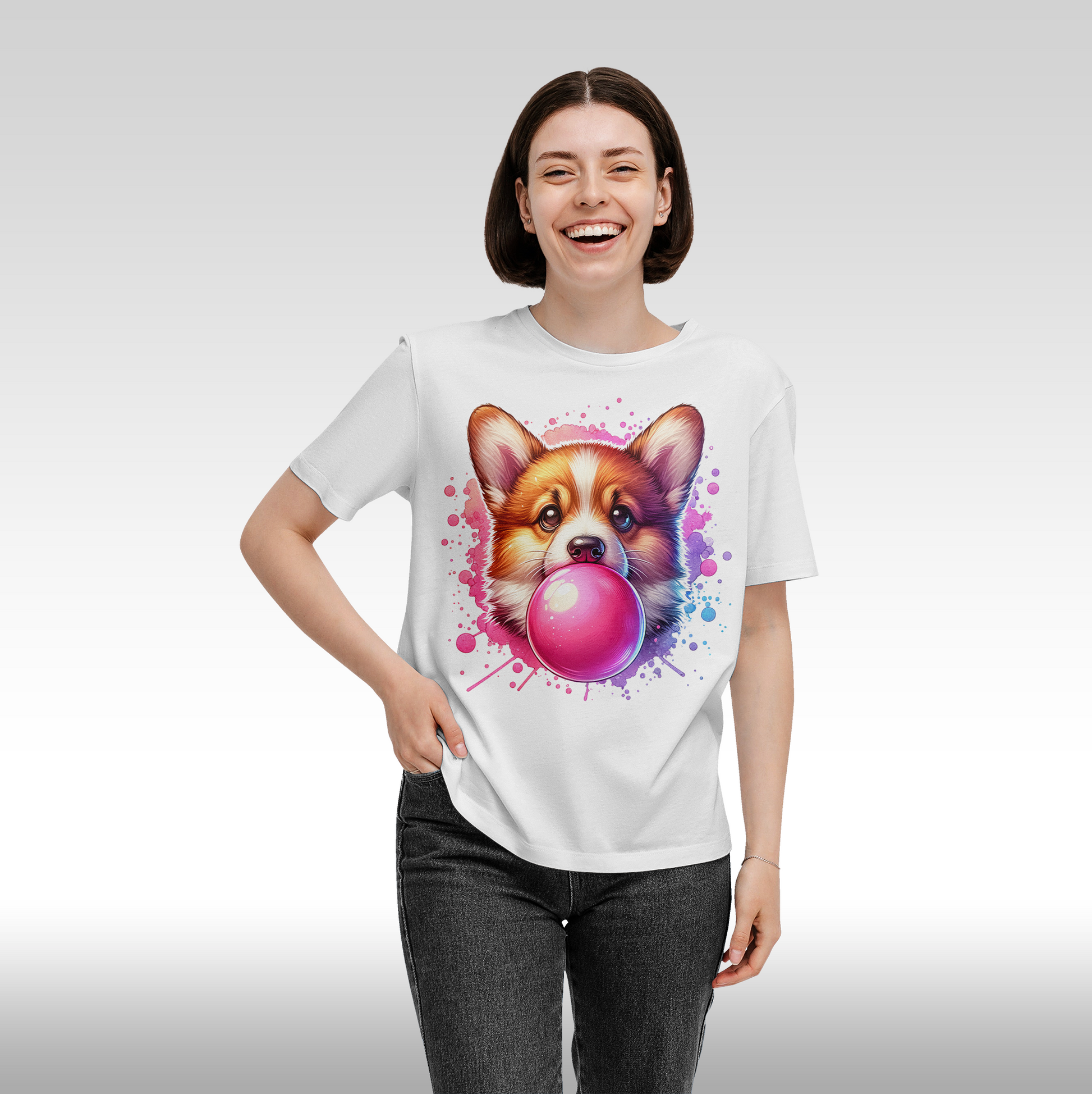 Tricou alb personalizat bumbac Fata Dama corgi catel "Bubble Gum Dog" streetwear
