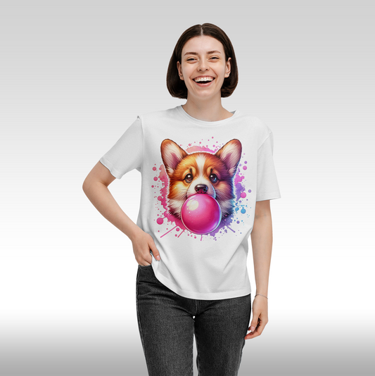 Tricou alb personalizat bumbac Fata Dama corgi catel "Bubble Gum Dog" streetwear
