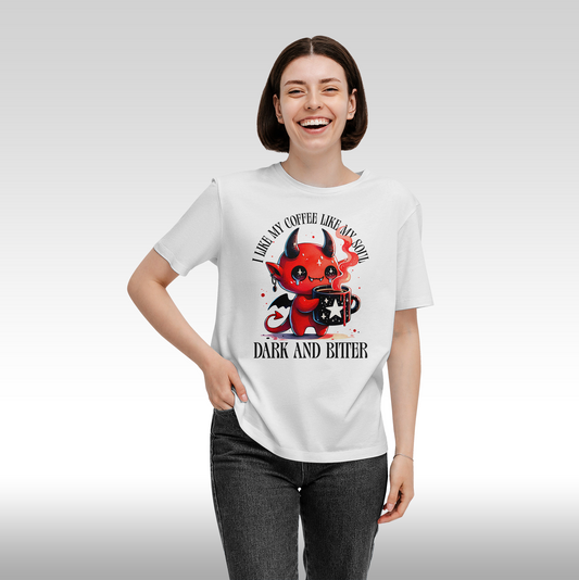 Tricou alb personalizat bumbac Fata Dama amuzant "I Like my Coffee Like my Soul Dark and Bitter" streetwear
