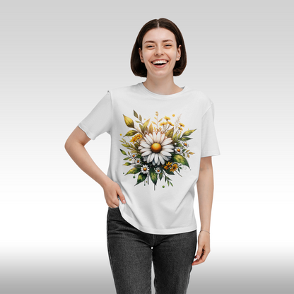 Tricou alb personalizat bumbac Fata Dama flori "Golden Daisy" streetwear
