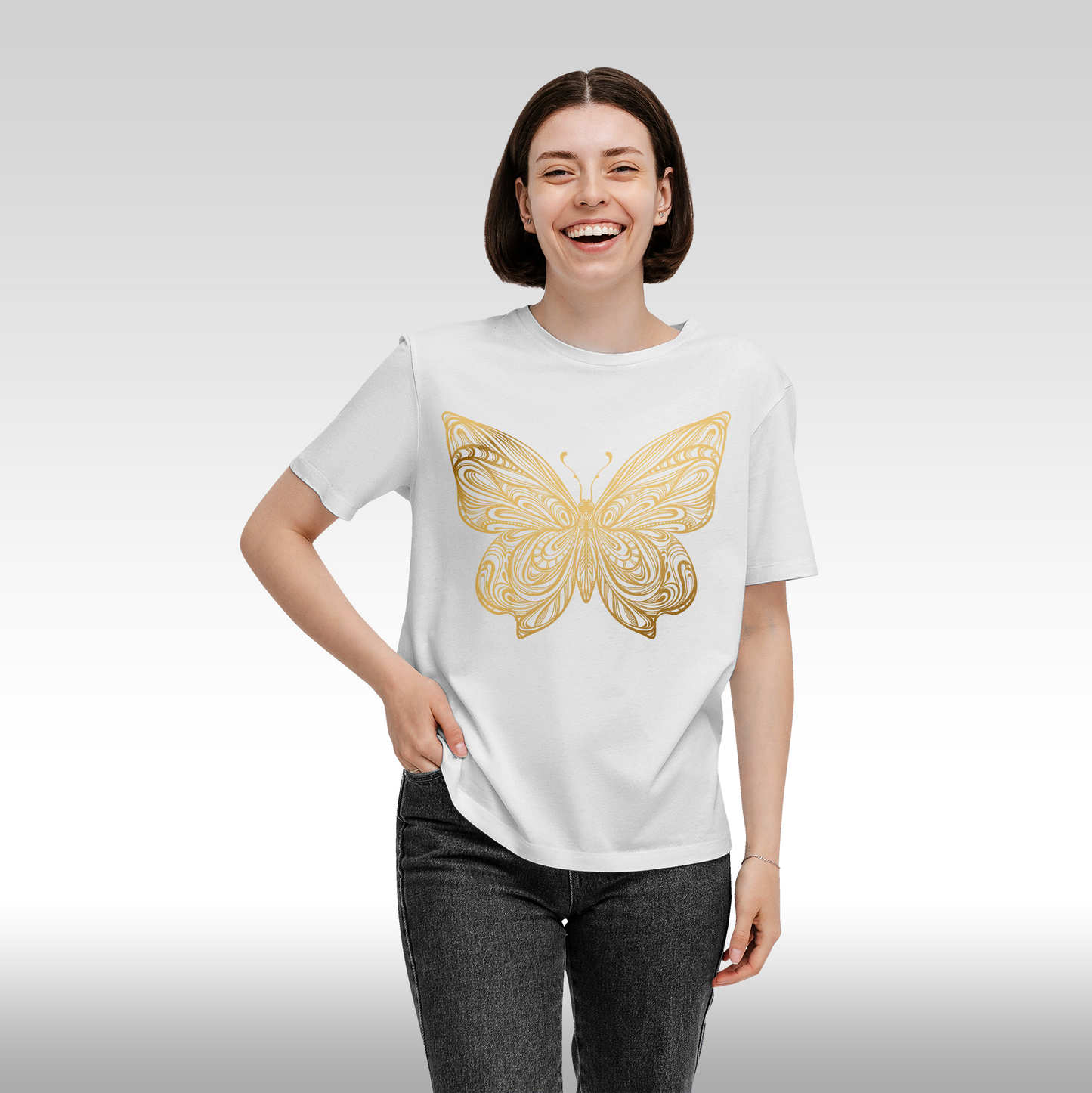 Tricou alb personalizat bumbac Fata Dama fluture "Golden Butterfly" streetwear
