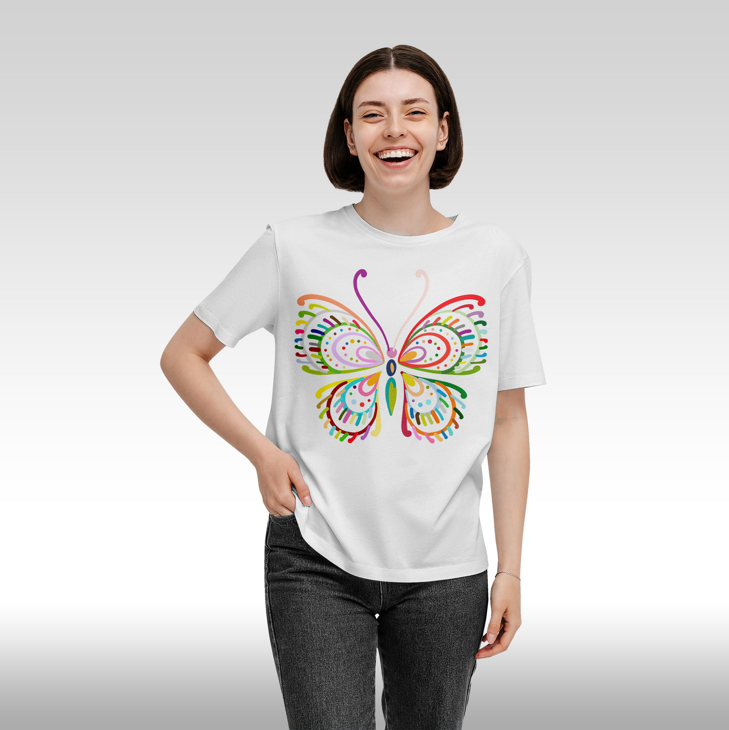 Tricou alb personalizat bumbac Fata Dama fluture "Spectrum Butterfly" streetwear
