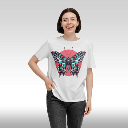 Tricou alb personalizat bumbac Fata Dama fluture "Vibrant Butterfly" streetwear
